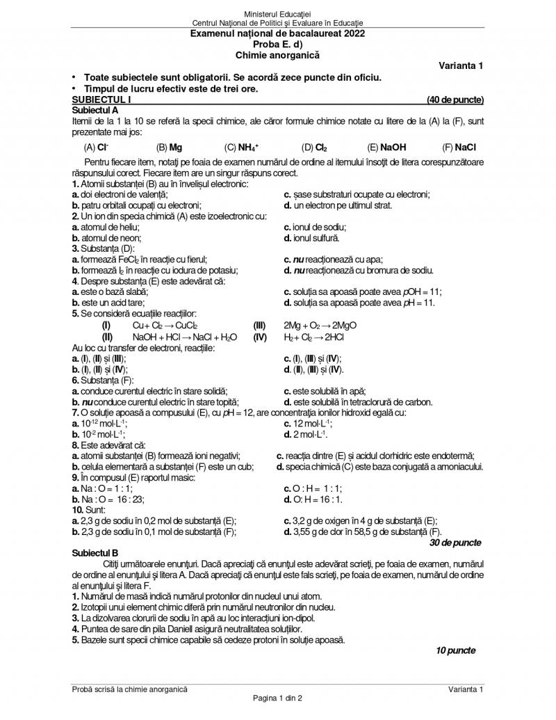 Cum se rezolvă subiectele la chimie anorganică de la Bacalaureat 2022. Baremul de corectare a fost publicat