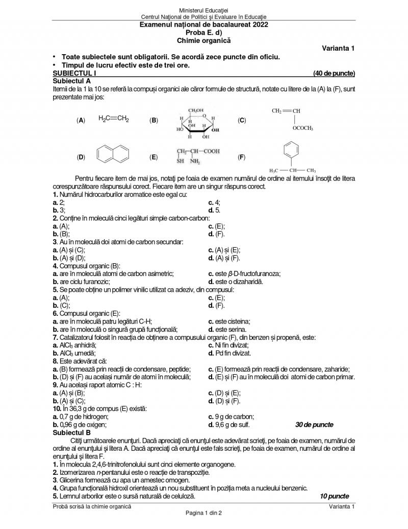Cum se rezolvă subiectele la chimie organică de la Bacalaureat 2022. Baremul de corectare a fost publicat Cum se rezolvă subiectele la chimie organică de la Bacalaureat 2022. Baremul de corectare a fost publicat