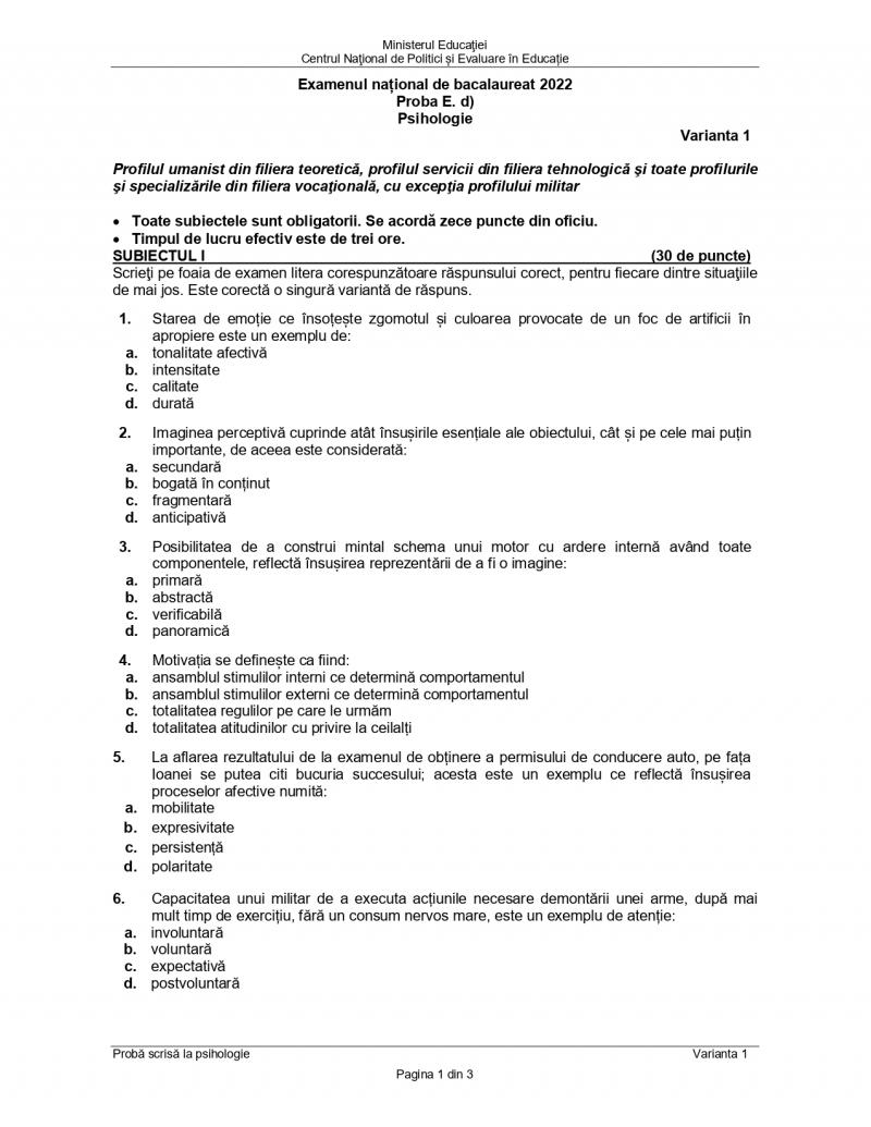 Cum se rezolvă subiectele la psihologie de la Bacalaureat 2022. Baremul de corectare a fost publicat
