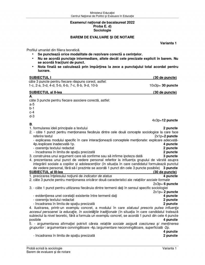 Cum se rezolvă subiectele la sociologie de la Bacalaureat 2022. Baremul de corectare a fost publicat