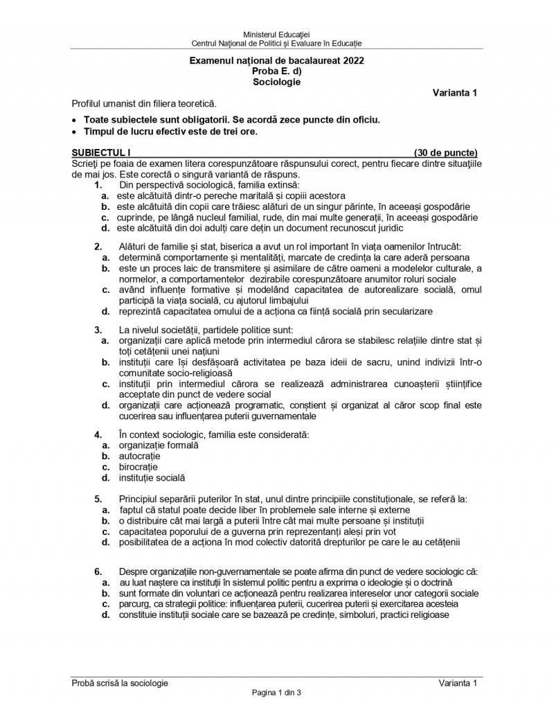 Cum se rezolvă subiectele la sociologie de la Bacalaureat 2022. Baremul de corectare a fost publicat