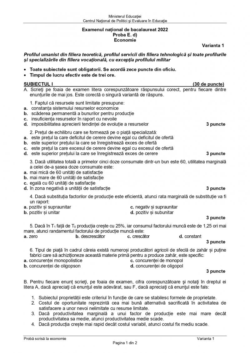 Cum se rezolvă subiectele la economie de la Bacalaureat 2022. Baremul de corectare a fost publicat Cum se rezolvă subiectele la economie de la Bacalaureat 2022. Baremul de corectare a fost publicat