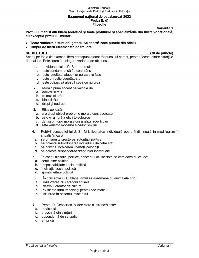 Cum se rezolvă subiectele la filosofie de la Bacalaureat 2022. Baremul de corectare a fost publicat