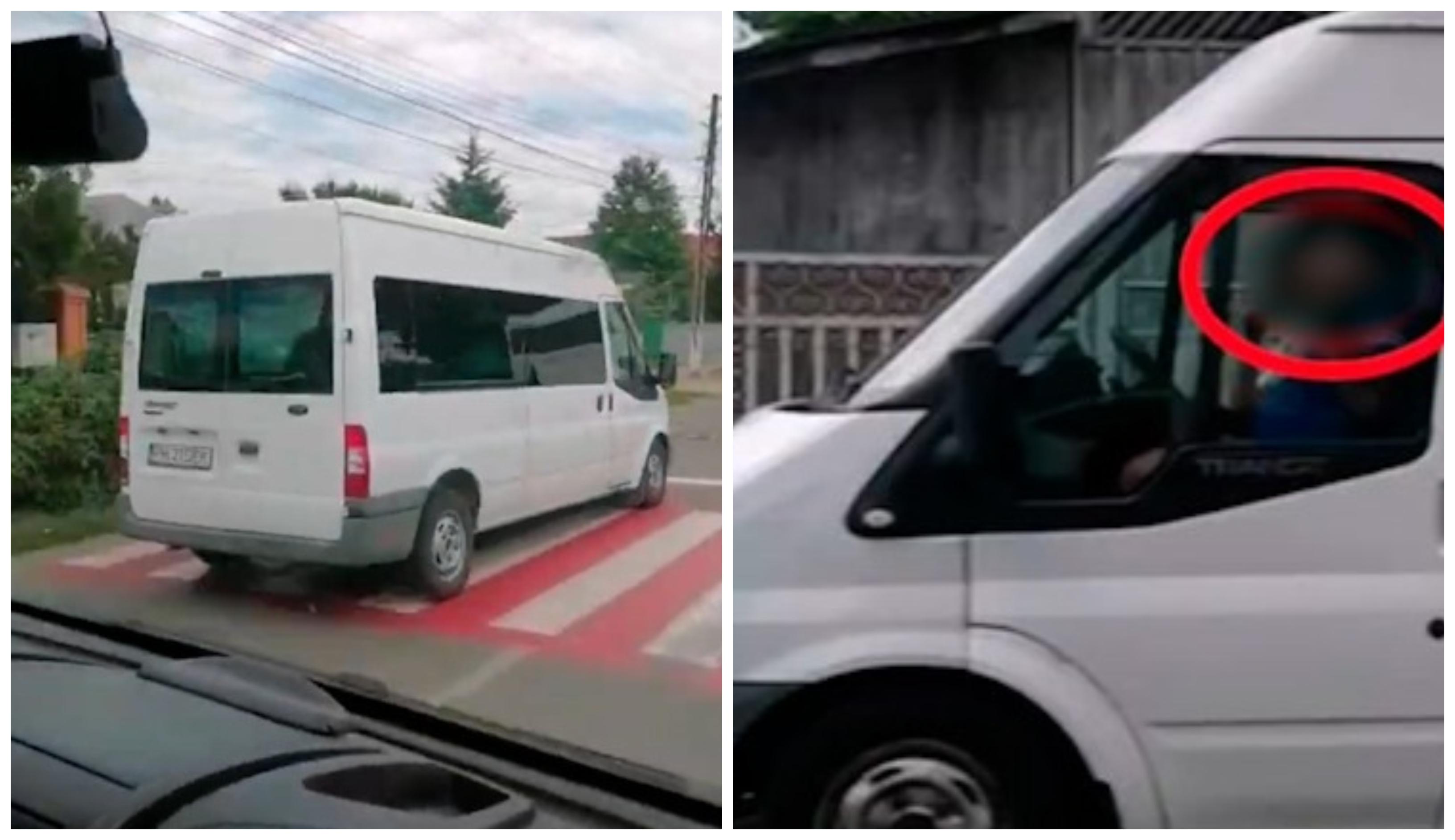 Momentul în care un şofer de microbuz din Prahova este filmat în timp ce depăşeşte linia continuă, pe o trecere de pietoni