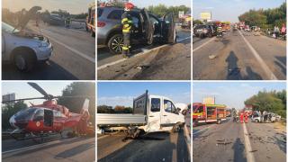 Accident cu şapte victime pe autostrada A1. O persoană a fost preluată de elicopterul SMURD