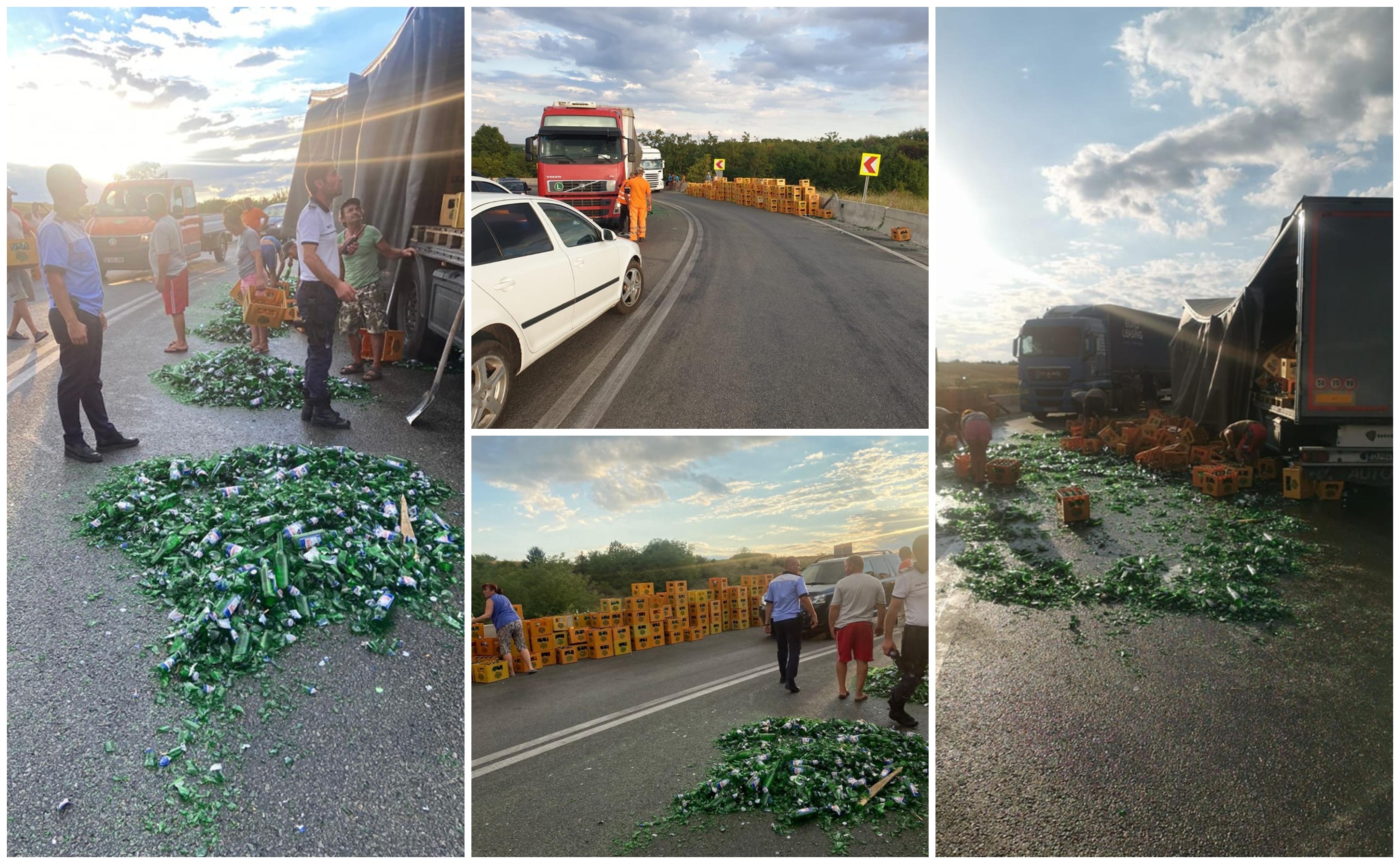 Un camion plin cu sticle de bere s-a răsturnat pe DN65