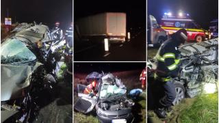 Imagini de coșmar pe un drum din Vrancea, după ce un șofer a intrat cu mașina într-un TIR, pe contrasens