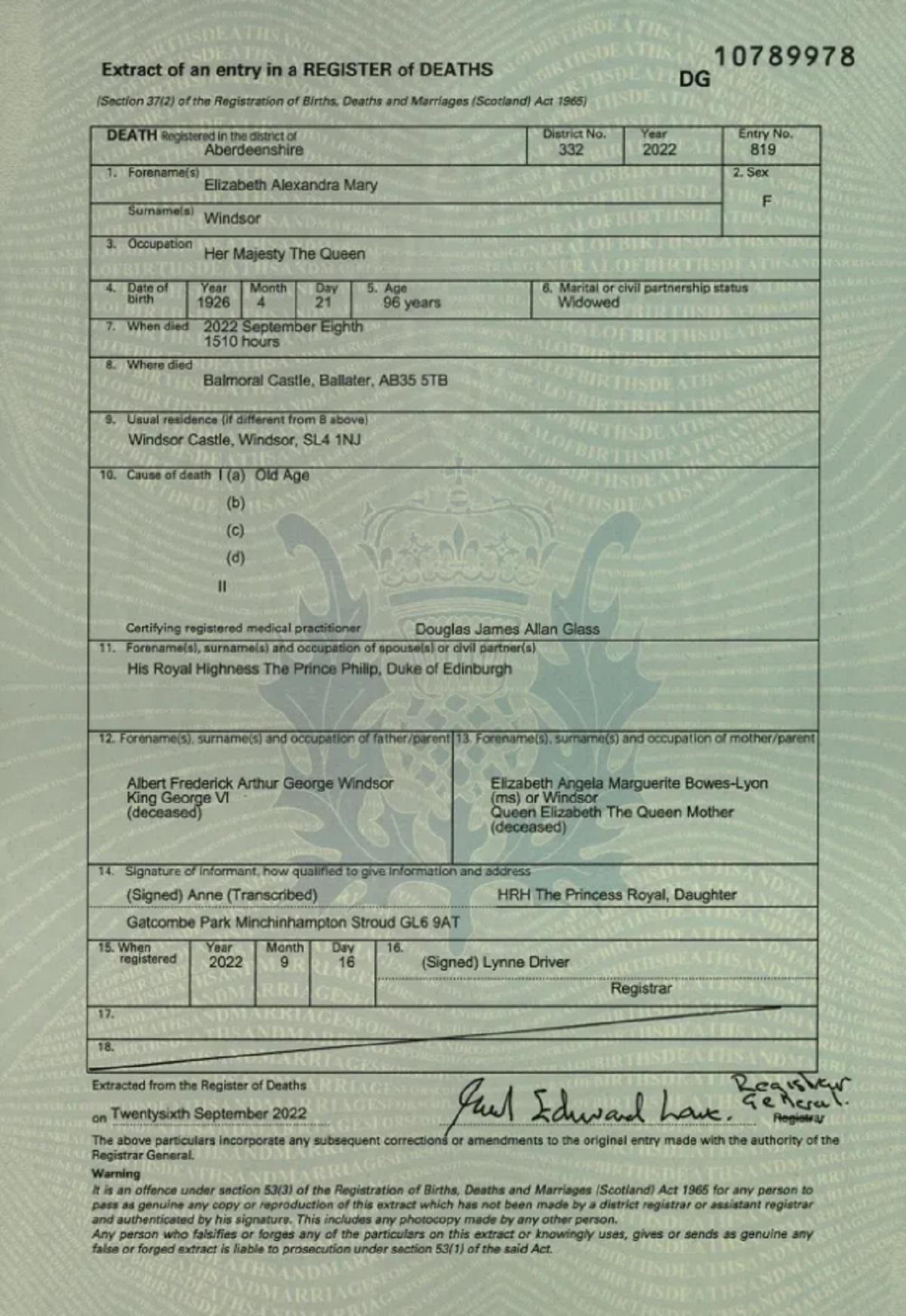Certificat deces Regina Elisabeta a II-a