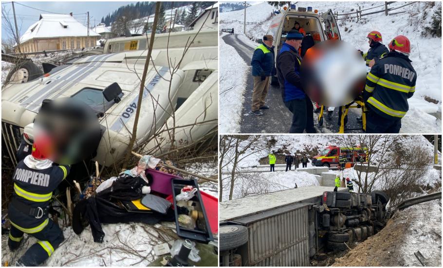 Un șofer s-a răsturnat cu camionul în albia unui pârâu și a rămas blocat în cabină. Pompierii au reușit să-l scoată teafăr Un șofer s-a răsturnat cu camionul în albia unui pârâu și a rămas blocat în cabină. Pompierii au reușit să-l scoată teafăr