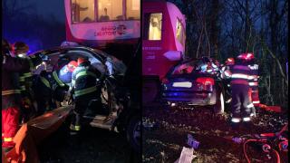Şofer din Timişoara, transportat la spital după ce maşina sa a fost lovită de un tren. Bărbatul a rămas încarcerat, în urma impactului