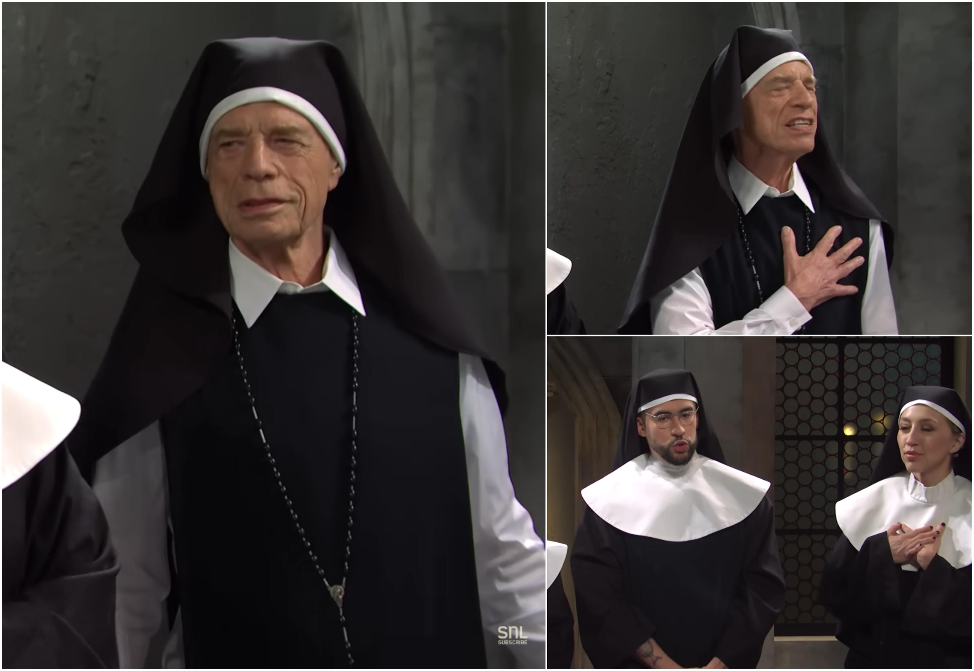 Imagini rare cu Mick Jagger costumat în măicuţă, la 80 de ani. Pentru ce rol s-a deghizat acesta, alături de artistul latino Bad Bunny