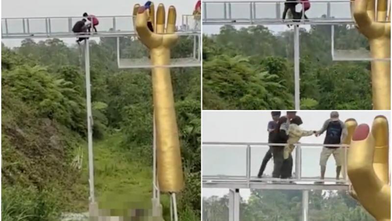 Excursie de coşmar. Un turist a murit după ce un pod de sticlă s-a făcut bucăţi la 10 m înălţime, în timp ce 11 oameni îl traversau, în Indonesia