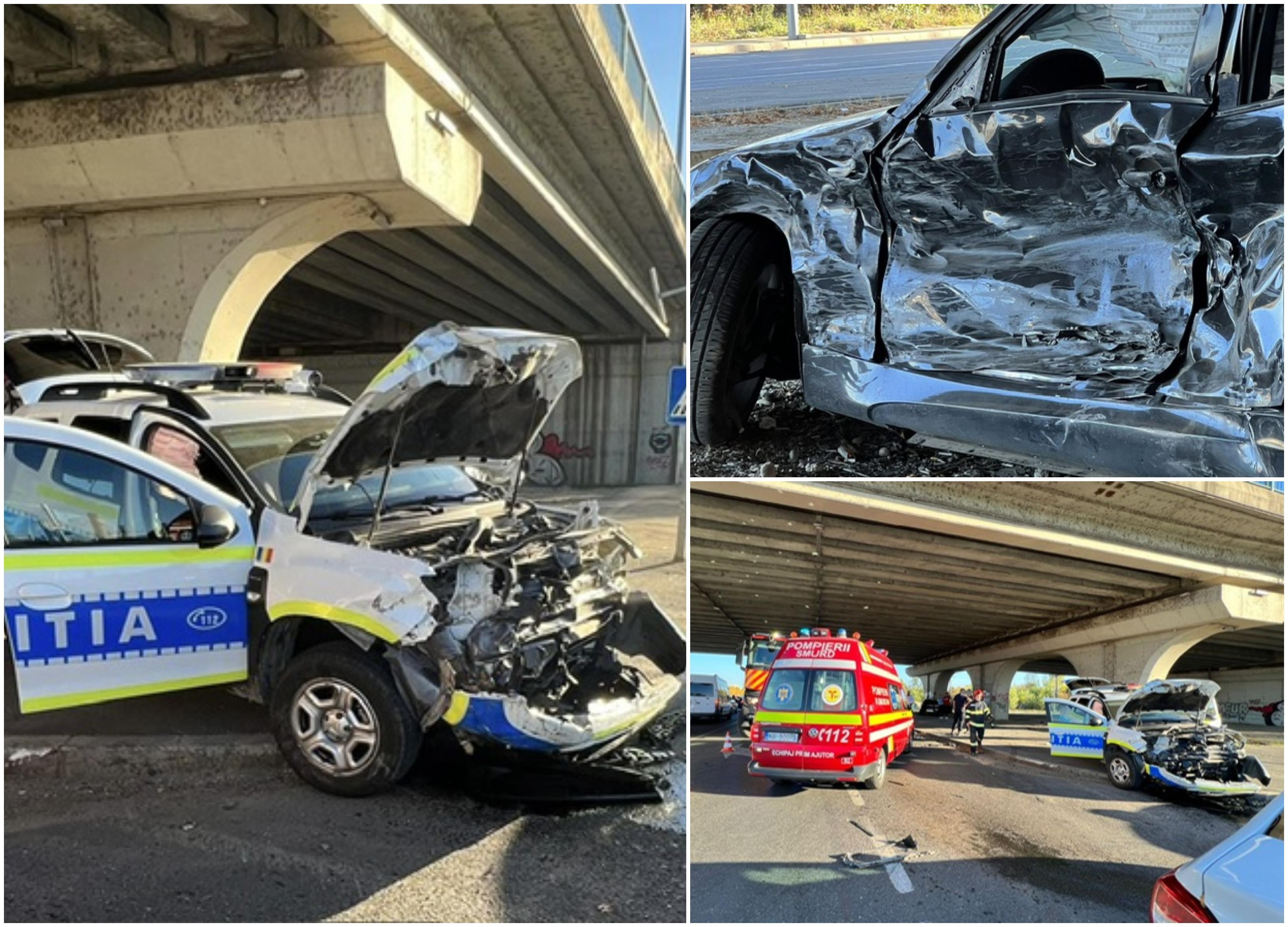 Un Duster al poliţiei, zob după ce s-a izbit într-un BMW condus de o şoferiţă de 26 de ani, în zona Pasajului Grigorescu din București