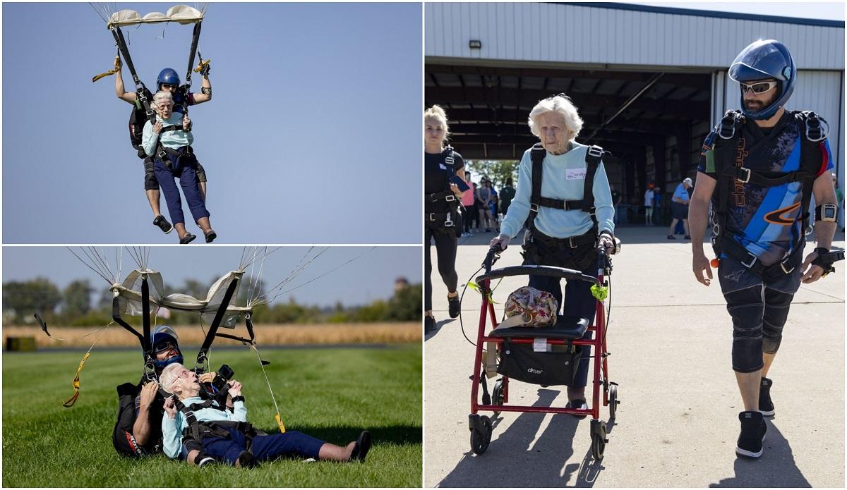 O bătrânică de 104 ani din SUA a sărit cu parașuta de la 13.500 de metri. Vrea să stabilească un nou record