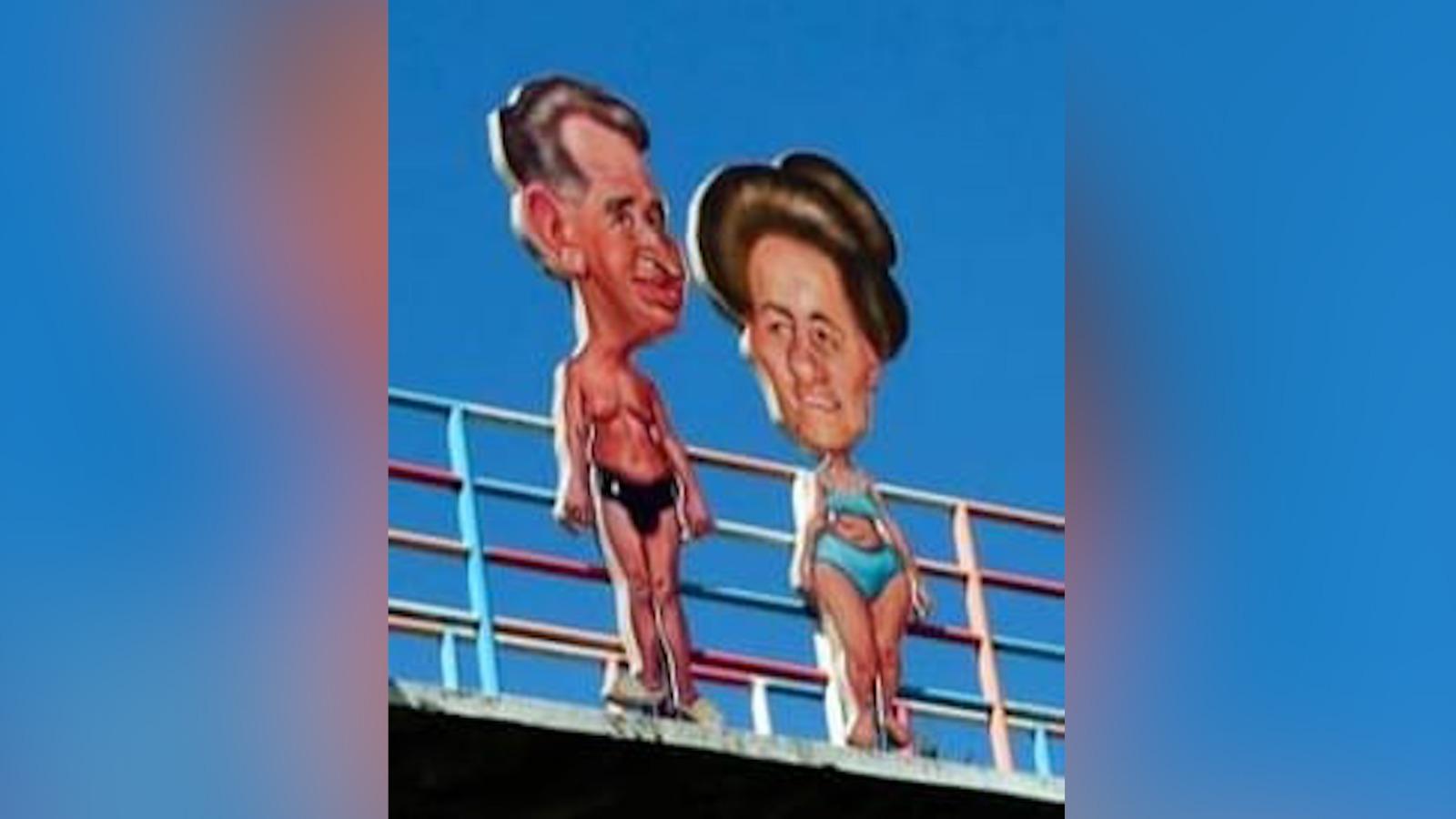 O caricatură a cuplului Ceauşescu în costume de baie, furată dintr-o mină din Petrila. Cât oferă recompensă autorul pentru cel care o găseşte