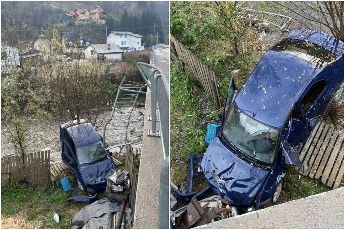 Un şofer s-a înfipt cu maşina în malul râului Dâmboviţa, după ce a căzut de la câţiva metri de pe un pod
