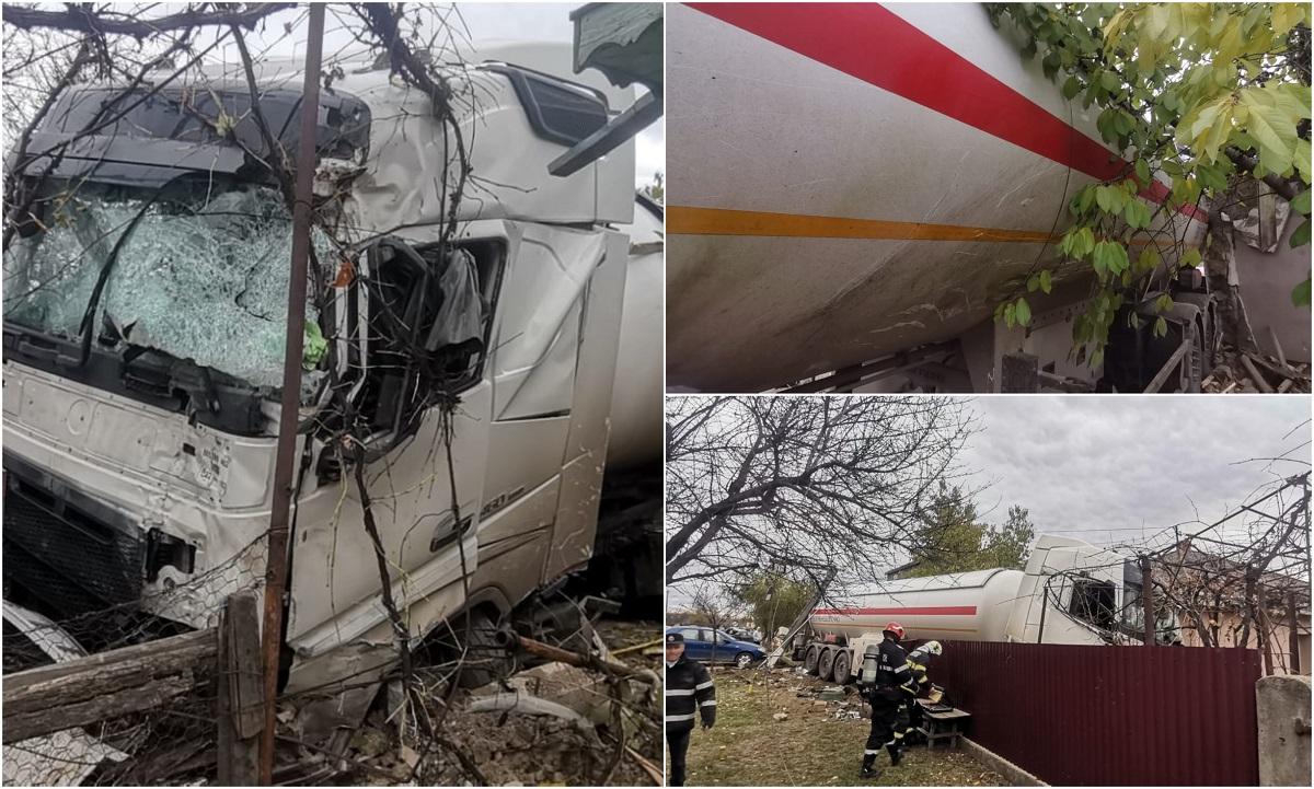 Dezastru pe o șosea din Iași. O cisternă din Ucraina a lovit două mașini, a rupt stâlpi de electricitate și o conductă, apoi s-a oprit în curtea unei case