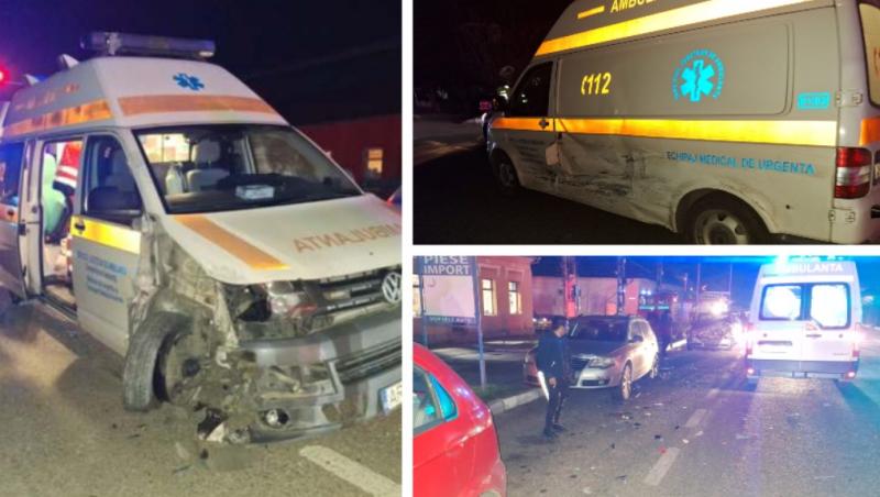 Accident violent în Arad. O ambulanţă a fost lovită de o şoferiţă de 31 de ani şi proiectată în maşini parcate