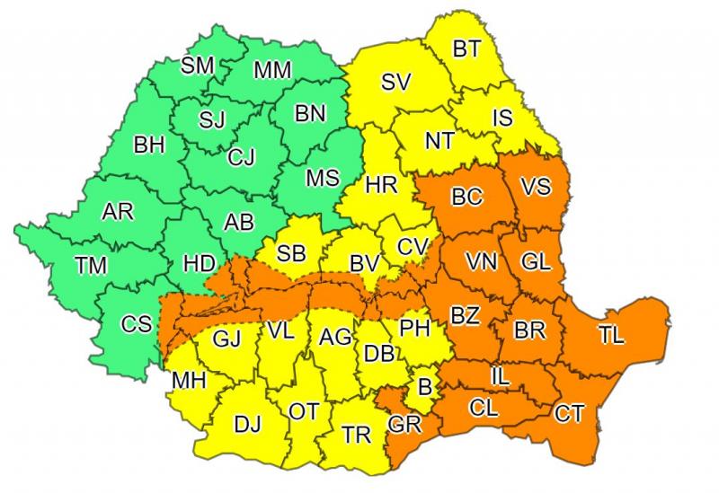 Alertă meteo de ploi abundente în 6 judeţe până duminică. Cod galben şi portocaliu de vreme rea în alte 23 de judeţe