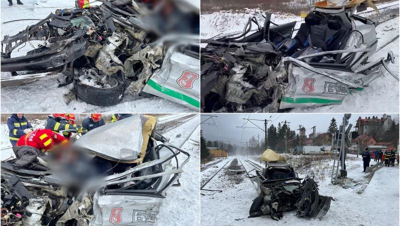 Mașină zdrobită două trenuri în Bușteni. Trei oameni în stare gravă, printre care un copil de 12 ani, după ce șoferul nu a oprit la calea ferată