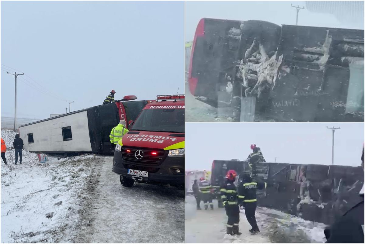 Un autocar cu 40 de pasageri s-a răsturnat pe marginea drumului, în Vaslui. Planul roşu de intervenţie, activat: 6 persoane rănite