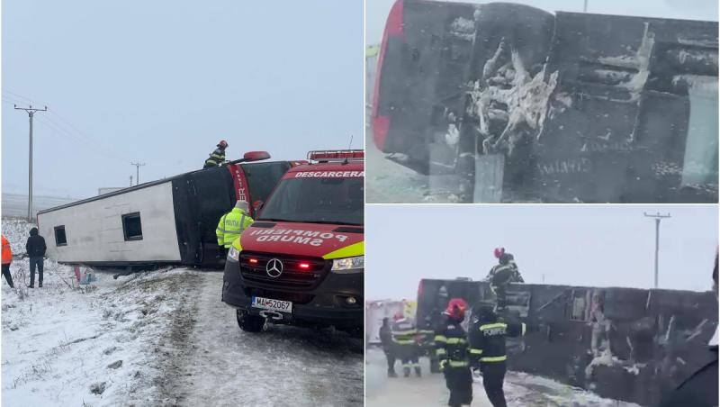 Un autocar cu 40 de pasageri s-a răsturnat pe un drum din Vaslui. Planul roşu de intervenţie, activat: 6 persoane rănite