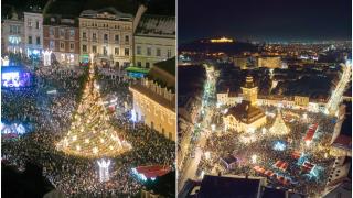 Puhoi de oameni la aprinderea luminiţelor de sărbători din Braşov şi deschiderea Târgului de Crăciun. Piaţa Sfatului, umplută până la refuz