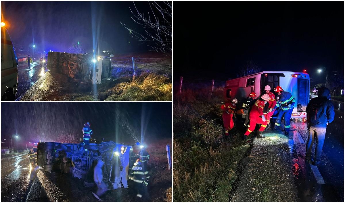 Un autocar cu 7 pasageri s-a răsturnat pe un drum din Suceava, după ce șoferul a pierdut controlul volanului pe carosabilul umed. Doi oameni, la spital