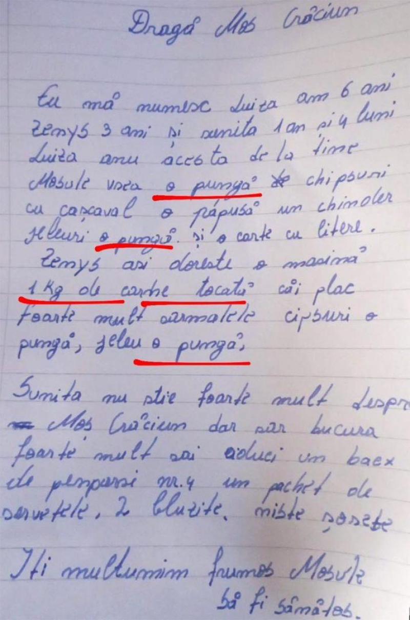Scrisoarea unei fetiţe către Moş Crăciun: "Jeleuri şi o carte". Luiza s-a gândit şi la fratele ei "Un kg de carne tocată, că-i plac mult sarmalele" Scrisoarea unei fetiţe către Moş Crăciun: "Jeleuri şi o carte". Luiza s-a gândit şi la fratele ei "Un kg de carne tocată, că-i plac mult sarmalele"