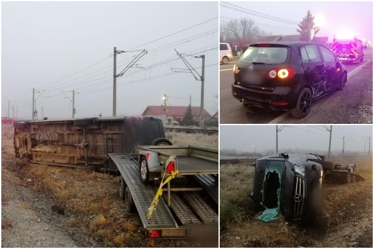 Un şoferiţă de 30 de ani a intrat cu viteză într-un microbuz pe un drum din Cluj şi l-a răsturnat pe câmp. Un pasager a ajuns la spital