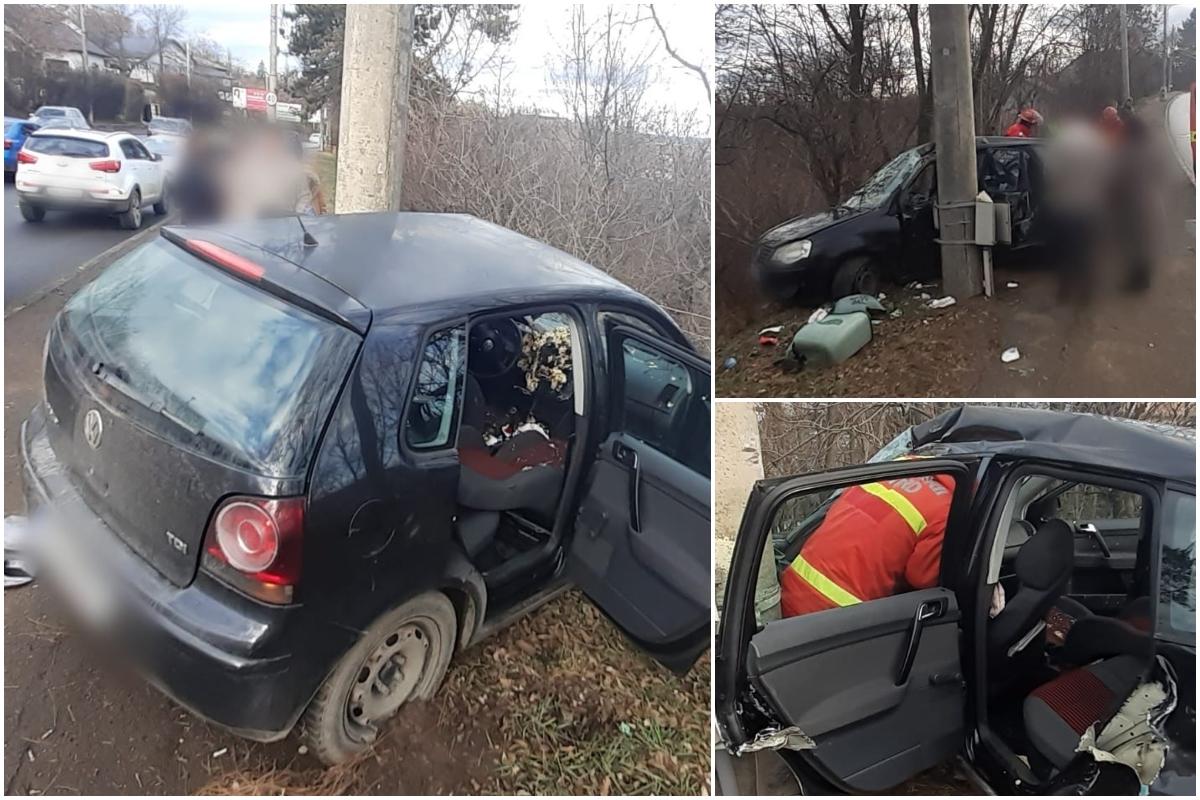 Şoferiţă de 19 ani, rănită grav într-un accident în prima zi de Crăciun. A rămas încarcerată, după ce a lovit un stâlp în Suceava