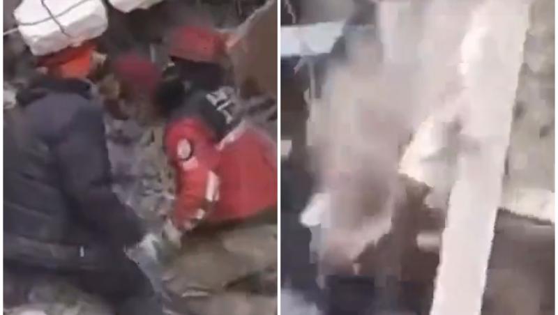 Salvatori din Turcia, îngropaţi sub dărâmături. Momentul în care un munte de moloz cade peste ei