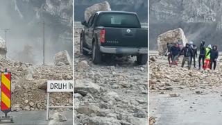 Șofer inconștient, filmat pe o porțiune de drum închisă din cauza alunecărilor, în Caraș-Severin. Abia a putut trece de bolovani