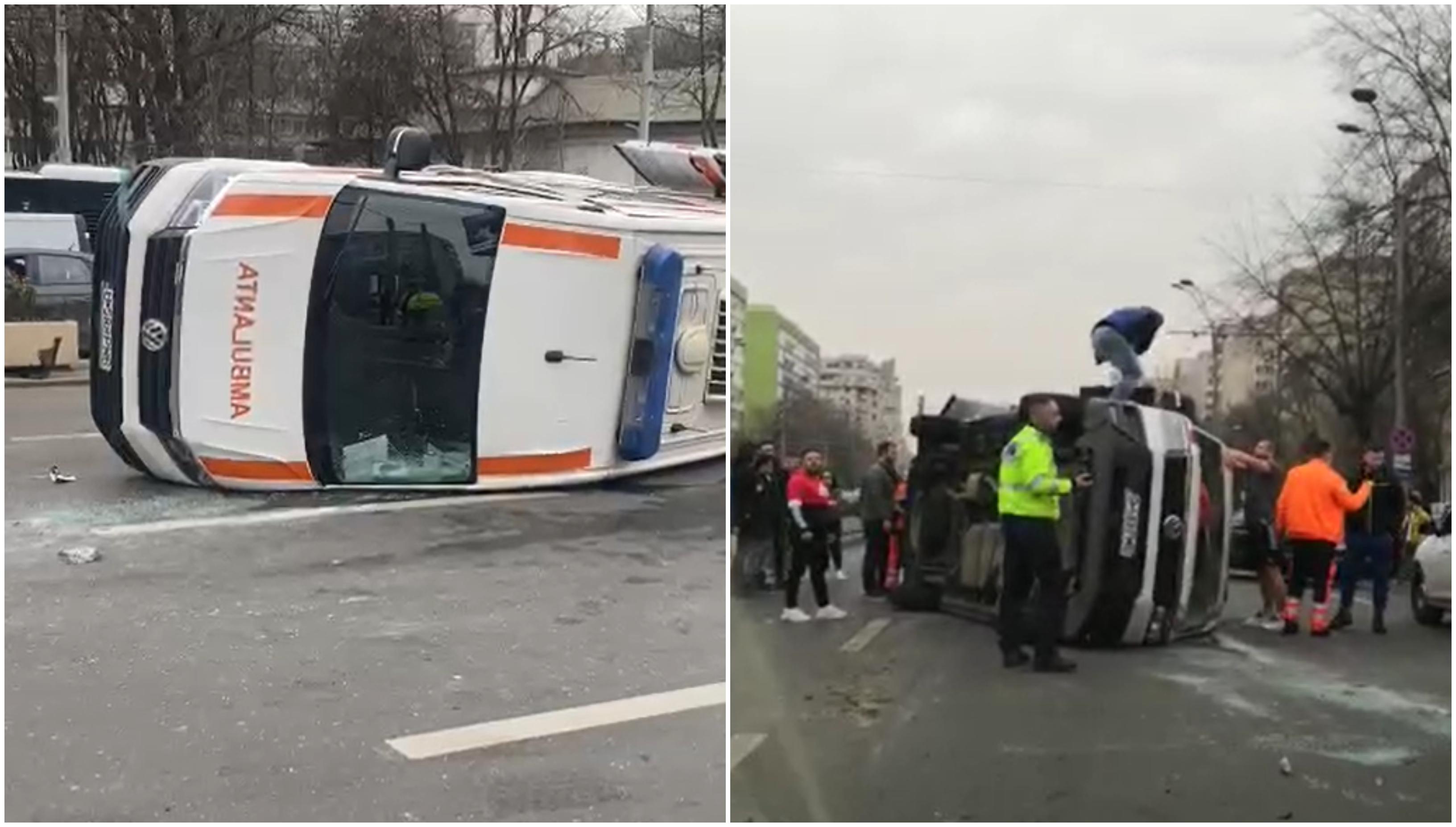 Accident grav în Capitală: O ambulanţă cu pacient s-a răsturnat, după ce a fost izbită puternic