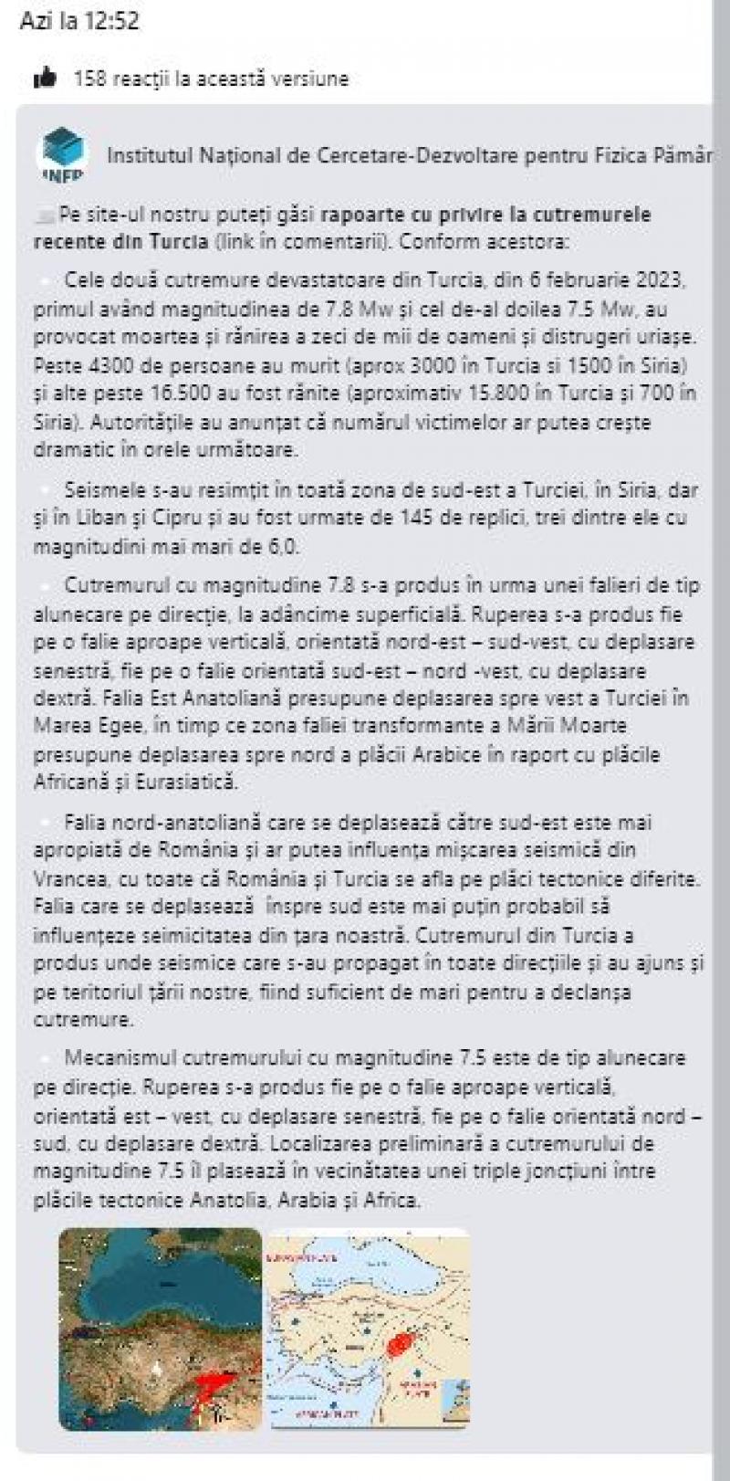 INFP: Undele cutremurului din Turcia, destul de mari încât să provoace seisme în România. Institutul a revenit asupra afirmaţiei după 3 ore INFP: Undele cutremurului din Turcia, destul de mari încât să provoace seisme în România. Institutul a revenit asupra afirmaţiei după 3 ore