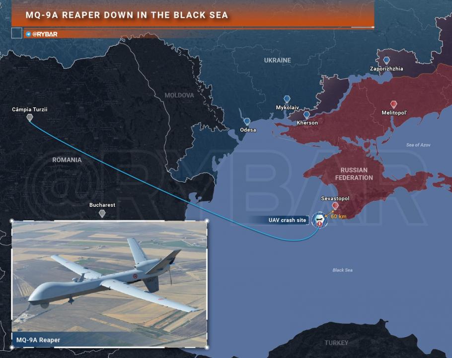 Ruşii susţin că drona MQ Reaper doborâtă deasupra Mării Negre ar fi decolat din România. Prima reacţie a Kremlinului: "Avioanele noastre n-au atins-o, a fost manevrată greşit" Ruşii susţin că drona MQ Reaper doborâtă deasupra Mării Negre ar fi decolat din România. Prima reacţie a Kremlinului: "Avioanele noastre n-au atins-o, a fost manevrată greşit"