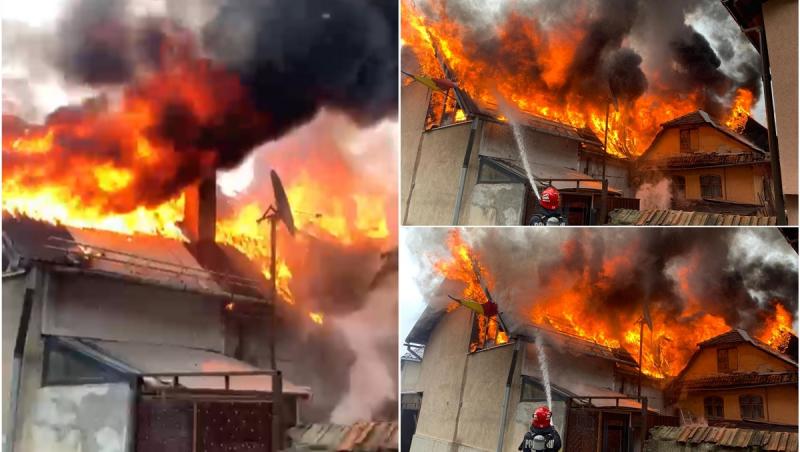 Incendiu puternic în Brașov. Două case s-au făcut scrum, după ce acoperișul uneia dintre ele a luat foc. Oamenii, evacuați înainte de a se produce o tragedie