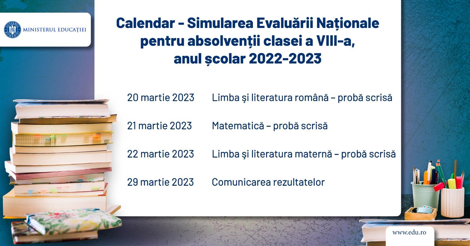 Calendarul probelor - Simulare Evaluare Naţională 2023