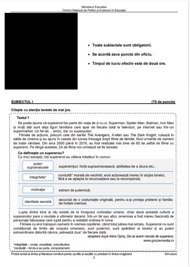 Subiecte Limba și literatura română pentru școlile și secțiile cu predare în limba maghiară
