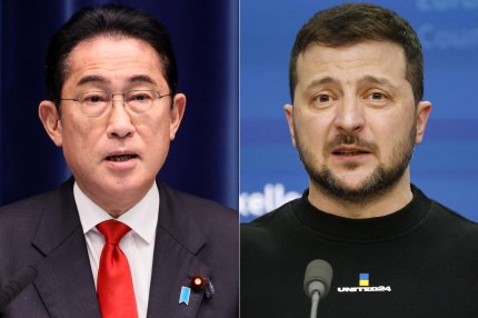 Fumio Kishida, premierul Japoniei, și Volodimir Zelenski, președintele Ucrainei