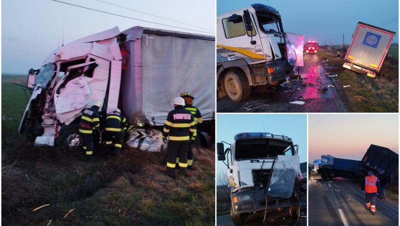 Dezastru pe o șosea din Arad. Două TIR-uri s-au ciocnit frontal între Periam și Satu Mare, unul dintre șoferi a rămas încarcerat