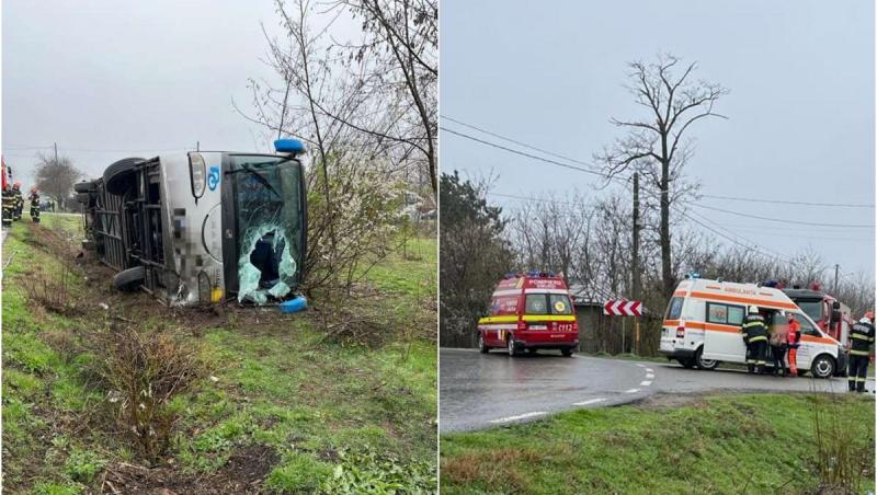 Patru persoane au ajuns la spital, după ce un autocar s-a răsturnat pe un drum din Ialomița