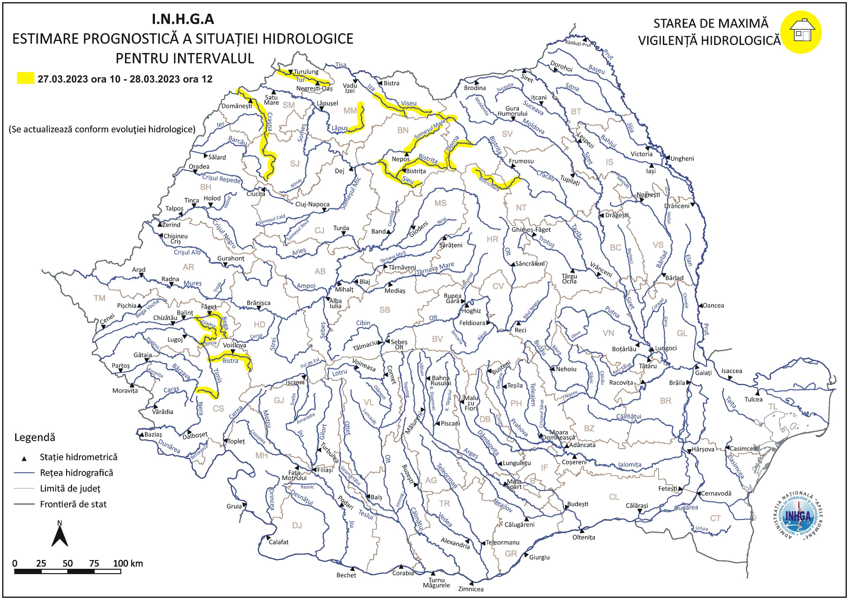hartă hidrologică pericol inundații 27 martie 2023