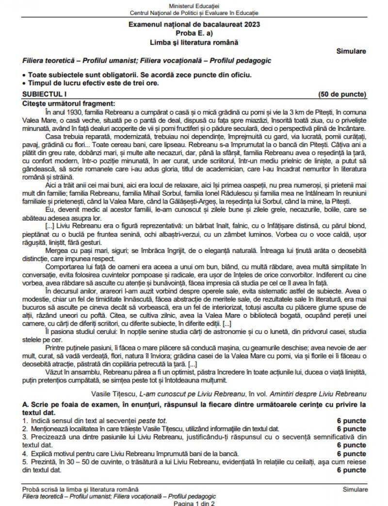 Barem Limba română simulare Bacalaureat 2023. Cum se rezolvă subiectele