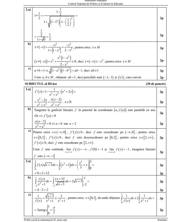 Subiecte şi barem matematică simulare BAC 2023