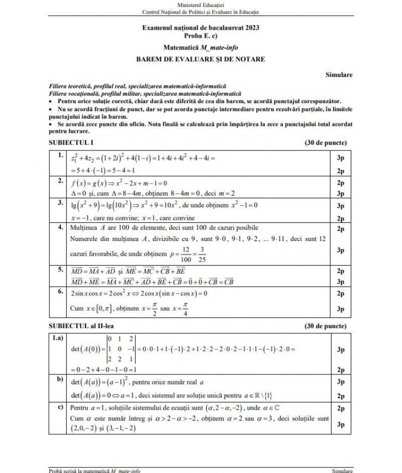 Subiecte şi barem matematică simulare BAC 2023