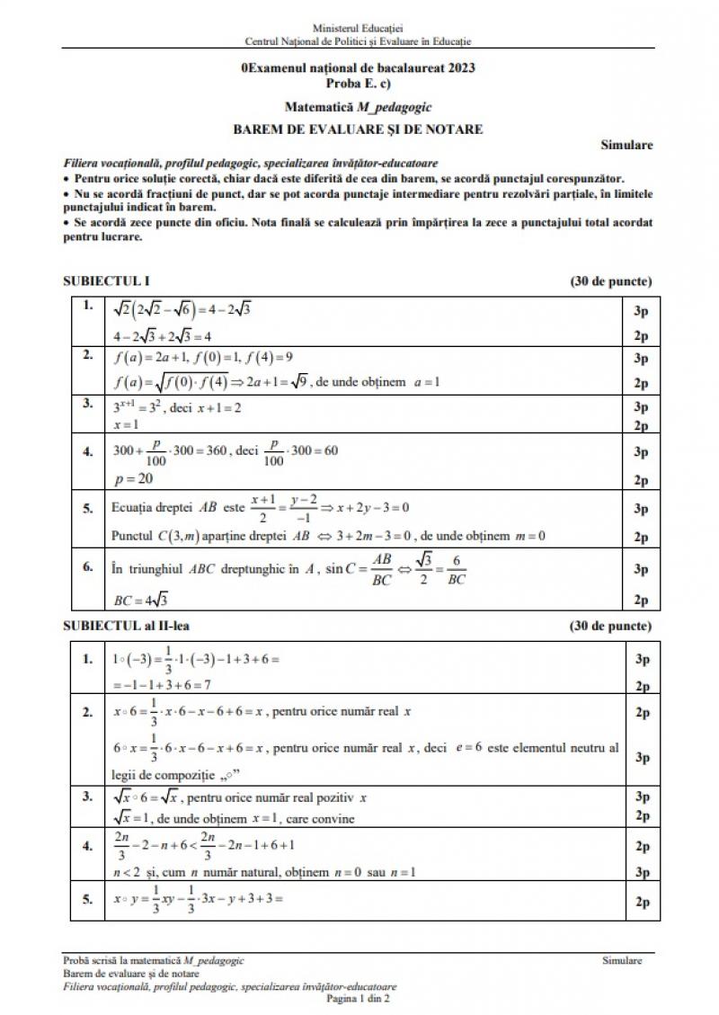 Subiecte şi barem matematică simulare BAC 2023
