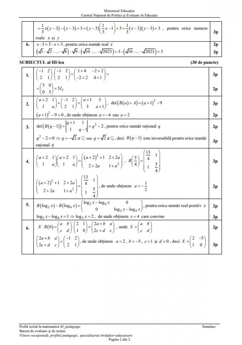 Subiecte şi barem matematică simulare BAC 2023