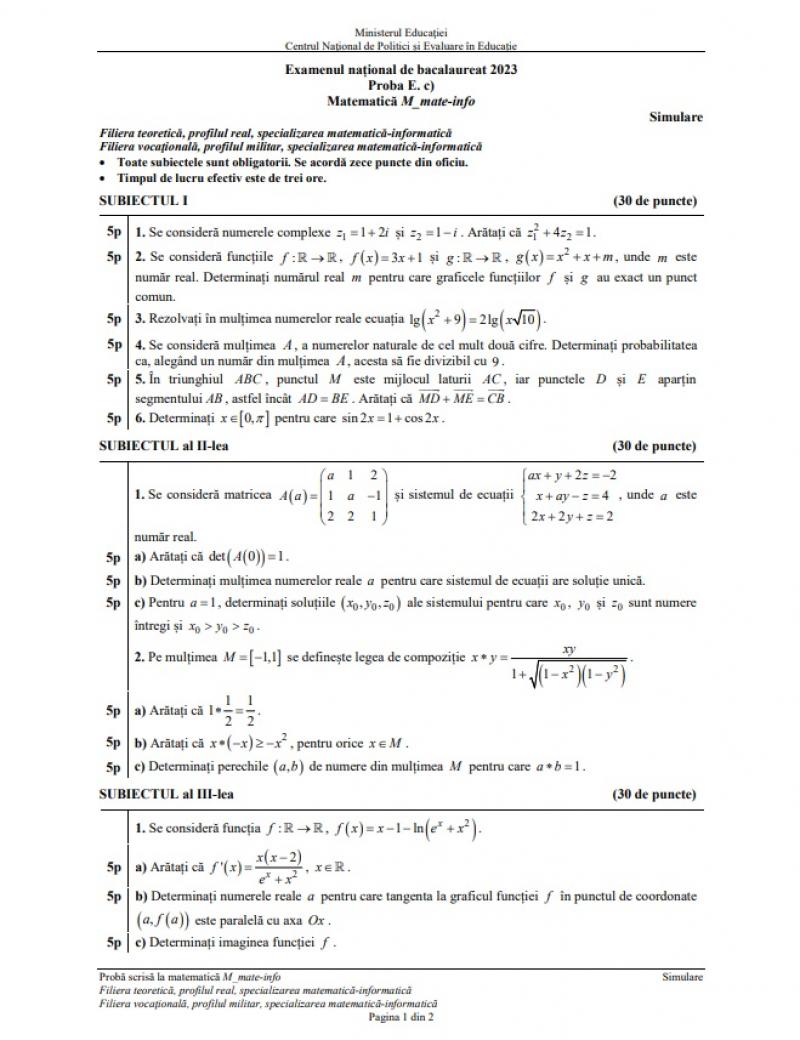 Subiecte şi barem matematică simulare BAC 2023