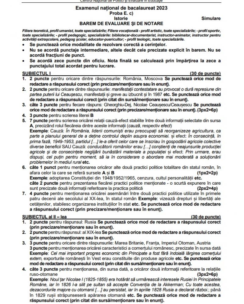 Subiecte şi barem istorie simulare BAC 2023